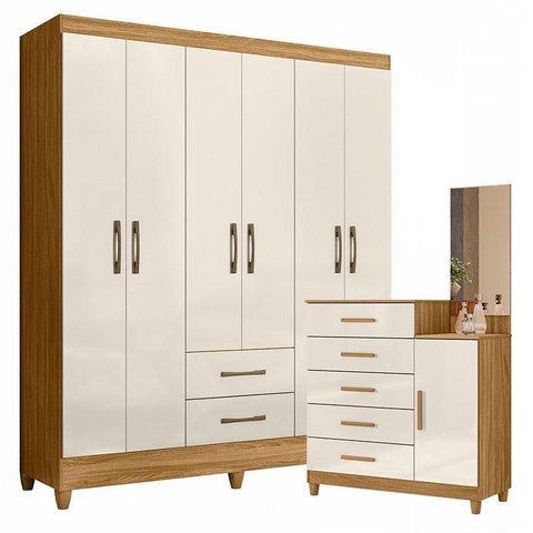 Guarda Roupa Casal Panamá e Cômoda Lisboa Freijó Off White- Moval