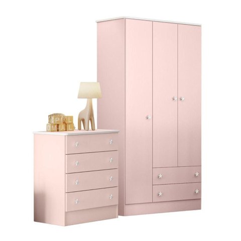 Conjunto Guarda Roupa e Cômoda Casa do Bosque 3 Portas Giratória 6 Gavetas MDP Rosa Acetinado