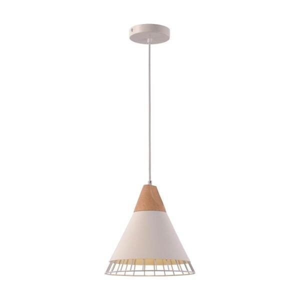 Pendente Aramado Wood Branco c/ Detalhe em Madeira Design Estilo Industrial Startec