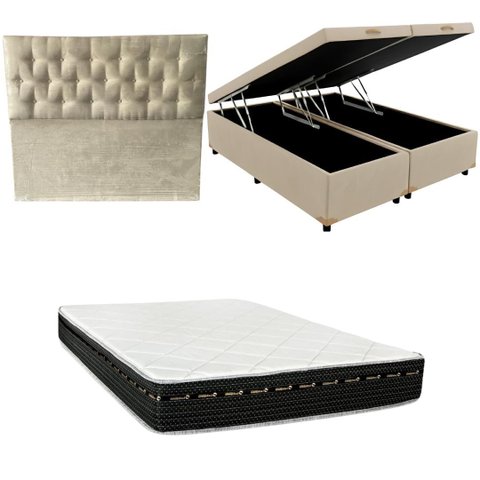 Cama Box Baú Bipartida Blindada + Colchão Eagle Molas Bonnel 22cm | Kit Completo com Cabeceira Boton