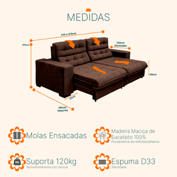 Sofá Retrátil e Reclinável 2,10m 3 Lugares Molas Ensacadas Pillow Top Suede New Califórnia - 5