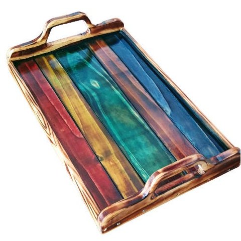 Bandeja multiuso rústica artesanal pinus efeito safari tingida e envernizada