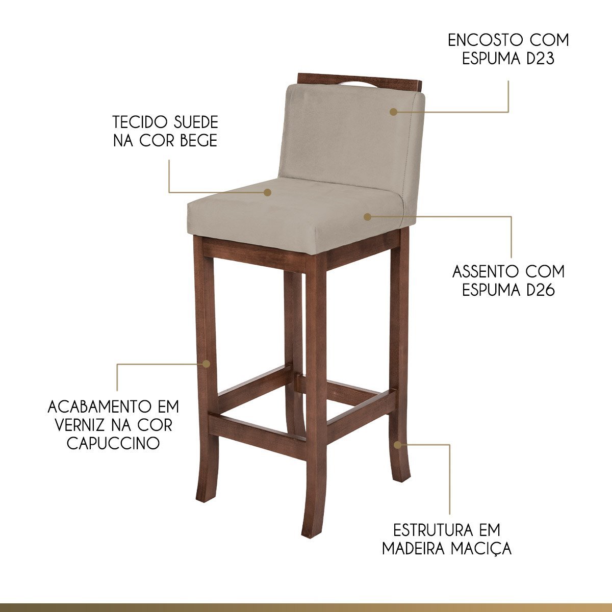 Kit 4 Banquetas Alta para Cozinha Turim Madeira Capuccino Suede Bege CCS - 3