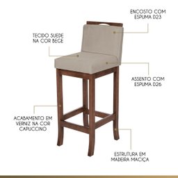 Kit 4 Banquetas Alta para Cozinha Turim Madeira Capuccino Suede Bege CCS - 3