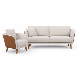 Conjunto Sofá Living Hórus e Poltrona Tecido Composê Linho Cru e Marrom Terracota 2,00m
