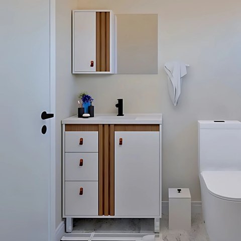 Conjunto Gabinete de Banheiro 3 Gavetas C/ Espelheira e Cuba:branco/jequetiba