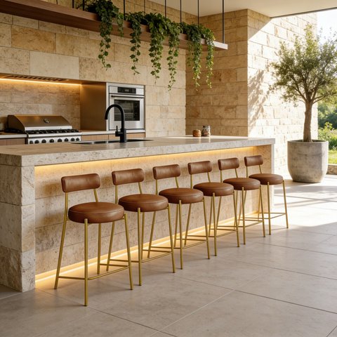 Banqueta Cozinha Alta com Encosto Industrial Dourado Kit 6 Londres PU Whisky D03 - D'Rossi