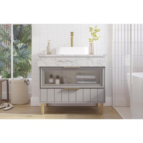 Gabinete Banheiro Bariloche c/Cuba 90cm Platina/Calacata MGM