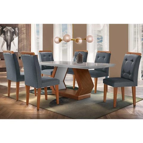 Sala de Jantar Completa Alvorada Tampo Madeirado C/ Vidro Canto Reto 180x90cm e 6 Cadeiras