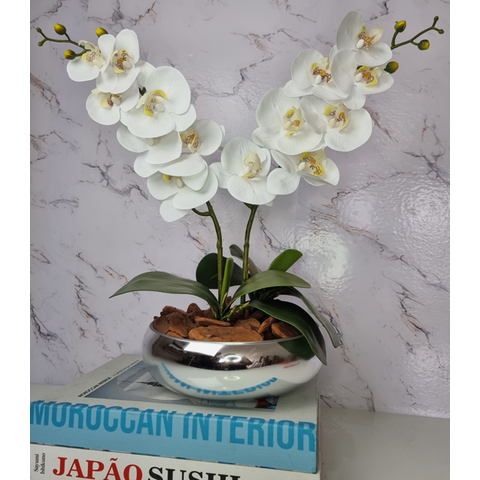 Arranjo Com 2 Orquídeas Branca Vaso Prata 22cm