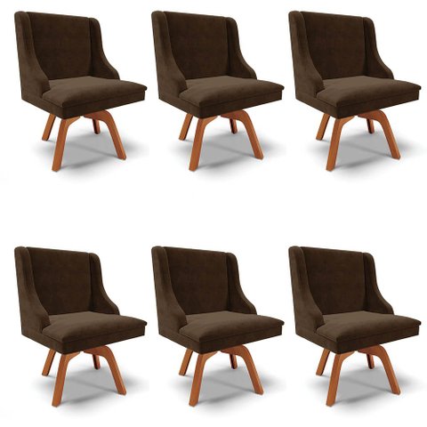 Kit 6 Cadeiras Estofadas Base Giratória de Madeira Lia Suede Marrom - Ibiza