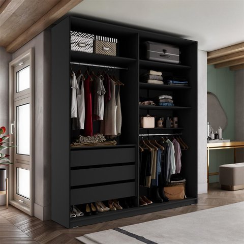 Closet Solteiro Guarda Roupa sem Porta 159cm 3 Gavetas Mdf Pisa R02 Preto - Lyam Decor