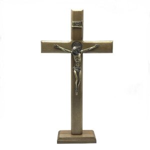 Crucifixo de Mesa e Parede Madeira Metal São Bento Ouro Velho 35 cm