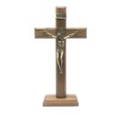 Ver imagem 1 de CRUCIFIXO DE MESA E PAREDE MADEIRA METAL SÃO BENTO OURO VELHO 26 CM