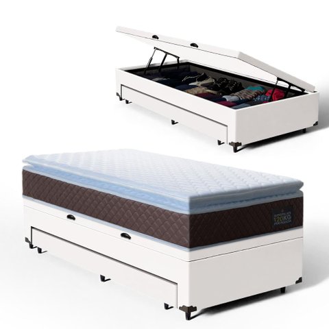 Cama Box Baú com Colchão de Espuma D33 Pillow Top Comfort Luxo + Auxiliar Unique Solteiro 88cm