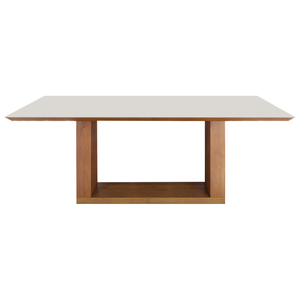 Mesa Sala Jantar 180x90cm Base de Madeira Laminada Tampo de Vidro Laqueado Off White