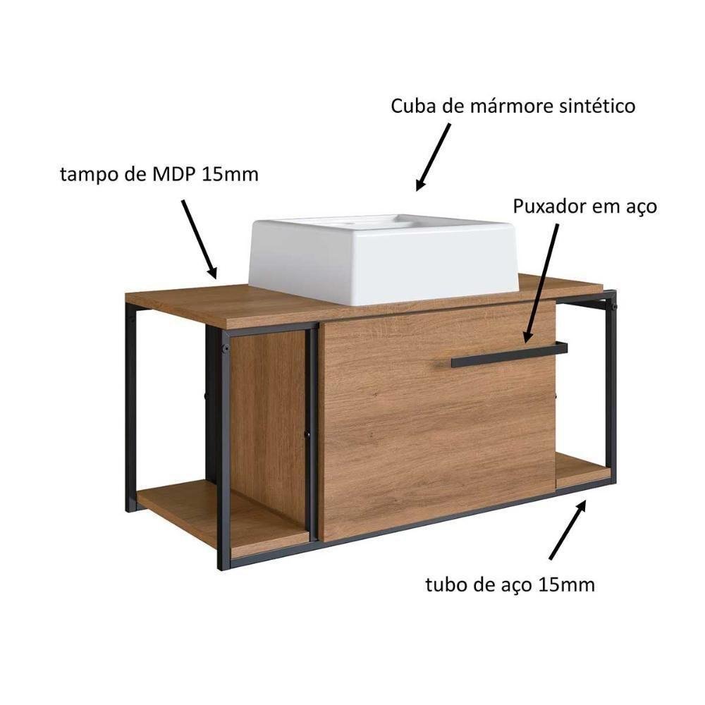 Gabinete para Banheiro em Aço e Cuba Inclusa 80 Cm Preto com Mel e Cuba Branca Preto com Mel - 5