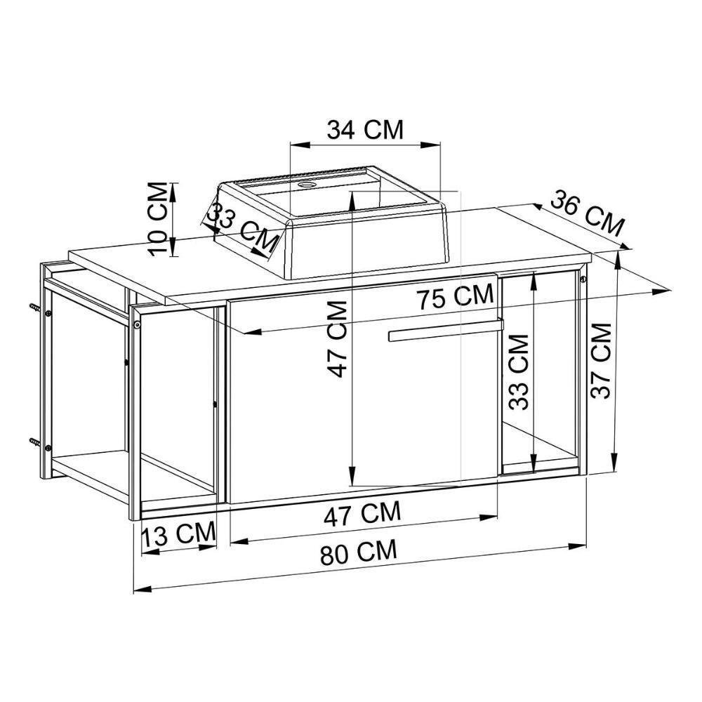 Gabinete para Banheiro em Aço e Cuba Inclusa 80 Cm Preto com Mel e Cuba Branca Preto com Mel - 6