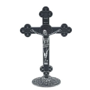 Crucifixo de Mesa Metal Medalha de São Bento Prata Velha 13 cm
