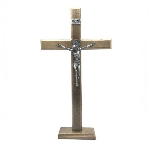 Crucifixo de Mesa Madeira Metal Prata Velha São Bento 40 cm