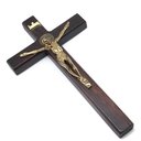 Ver imagem 1 de Crucifixo de Parede Madeira São Bento Metal Dourado 18 cm