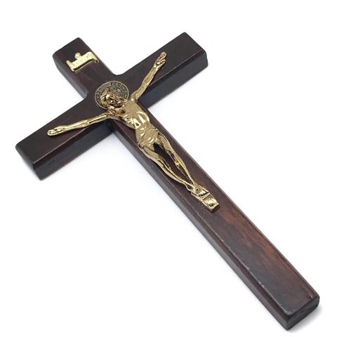 Crucifixo de Parede Madeira São Bento Metal Dourado 18 cm
