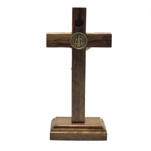 Crucifixo de Parede e Mesa Cristo Metal São Bento Dourado 12 cm - 5