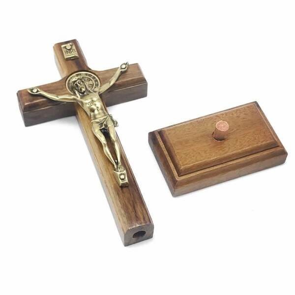 Crucifixo de Parede e Mesa Cristo Metal São Bento Dourado 12 cm - 4