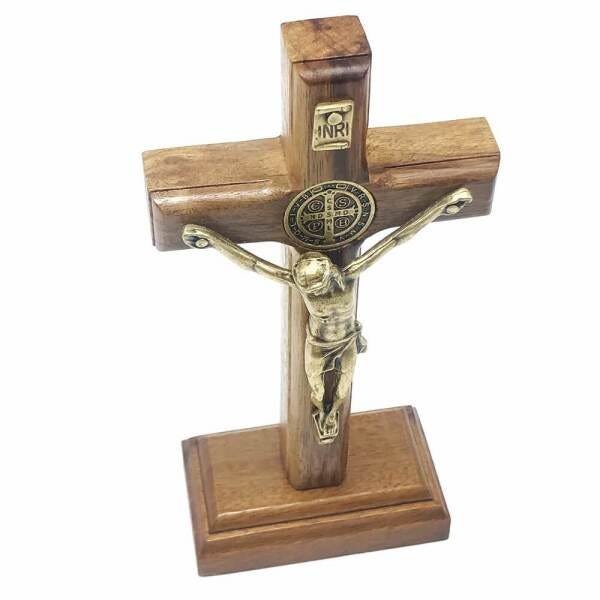 Crucifixo de Parede e Mesa Cristo Metal São Bento Dourado 12 cm - 2