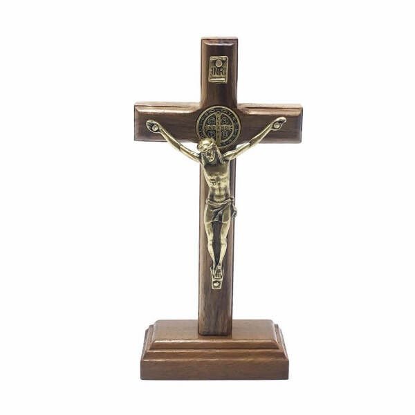 Crucifixo de Parede e Mesa Cristo Metal São Bento Dourado 12 cm