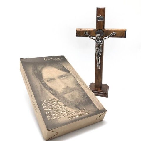 Crucifixo de Mesa e Parede Madeira Medalha Duas Cruzes 28 cm