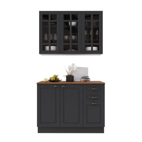 Cozinha Compacta Bariloche 6 Portas 2 Gavetas com Vidro e Tampo 100% MDF Chumbo - Indékes