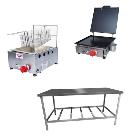 Kit Lanchonete Mesa de Manipulação 190x70cm + Fritadeira a Gás 1 Cuba + Chapa a Gás 30cm