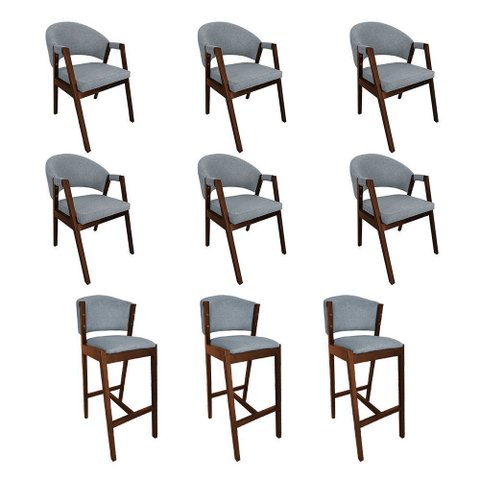 Kit 6 Cadeiras de Jantar Helen com 3 Banquetas Ana Madeira Maciça Mel Premium Linho Cinza