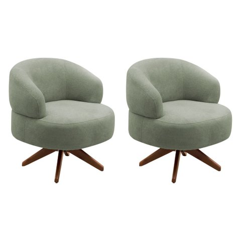 Kit 02 Poltronas Decorativas Orgânicas Living Have Base Giratória Bouclê Verde Oliva - Desk Design