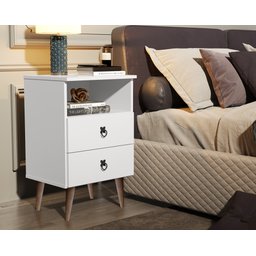 Mesa de Cabeceira Madri Retrô com Pés Palito 2 Gavetas Branco - 1