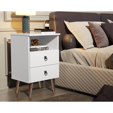 Mesa de Cabeceira Madri Retrô com Pés Palito 2 Gavetas Branco