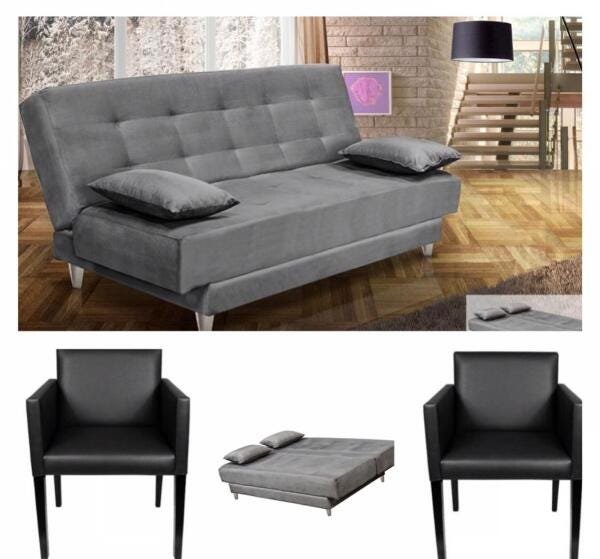 Sofá Cama 3 Lugares Napoli e 2 Poltronas Milão Corano Pretas - 1