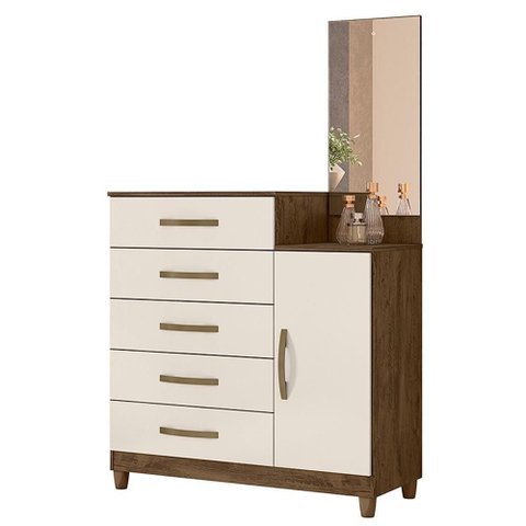 Cômoda Sapateira Lisboa 5 Gavetas Castanho Wood Off White com Espelho Moval Castanho Wood Off White