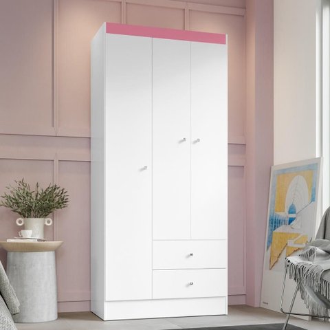 Guarda Roupa Solteiro 3 Portas 2 Gavetas Venti - Branco/rosa Flex