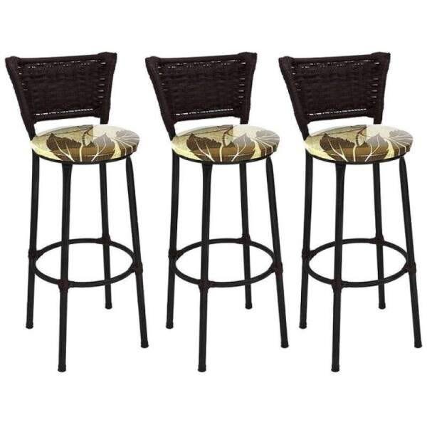 Kit 3 Banquetas Alta Preta Junco Argila com Assento Floral Marrom Fortmix - 1