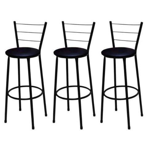 Kit 3 Banquetas Alta Preta com Assento Preto Fortmix
