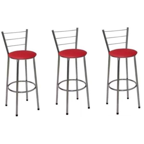 Kit 3 Banquetas Alta Cromada com Assento Vermelho Fortmix - 1