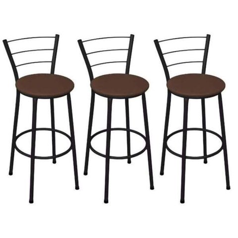 Kit 3 Banquetas Alta Preta com Assento Marrom Fortmix