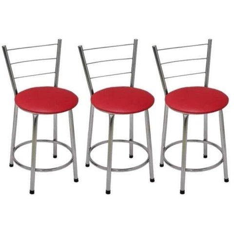Kit 3 Banquetas Baixa Cromada com Assento Vermelho Fortmix