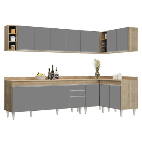 Armário de Cozinha Modulado de Canto 7 Peças Cp35 Balcão com Tampo Castanho/cinza - Lumil Lumil Móve