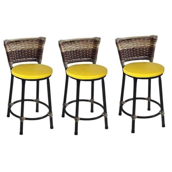 Kit 3 Banquetas Baixa Preta Junco Capuccino com Assento Amarelo Fortmix - 1