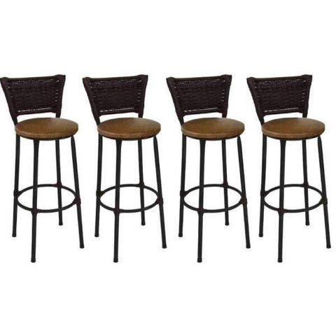 Kit 4 Banquetas Alta Preta Junco Argila com Assento Marrom Fortmix