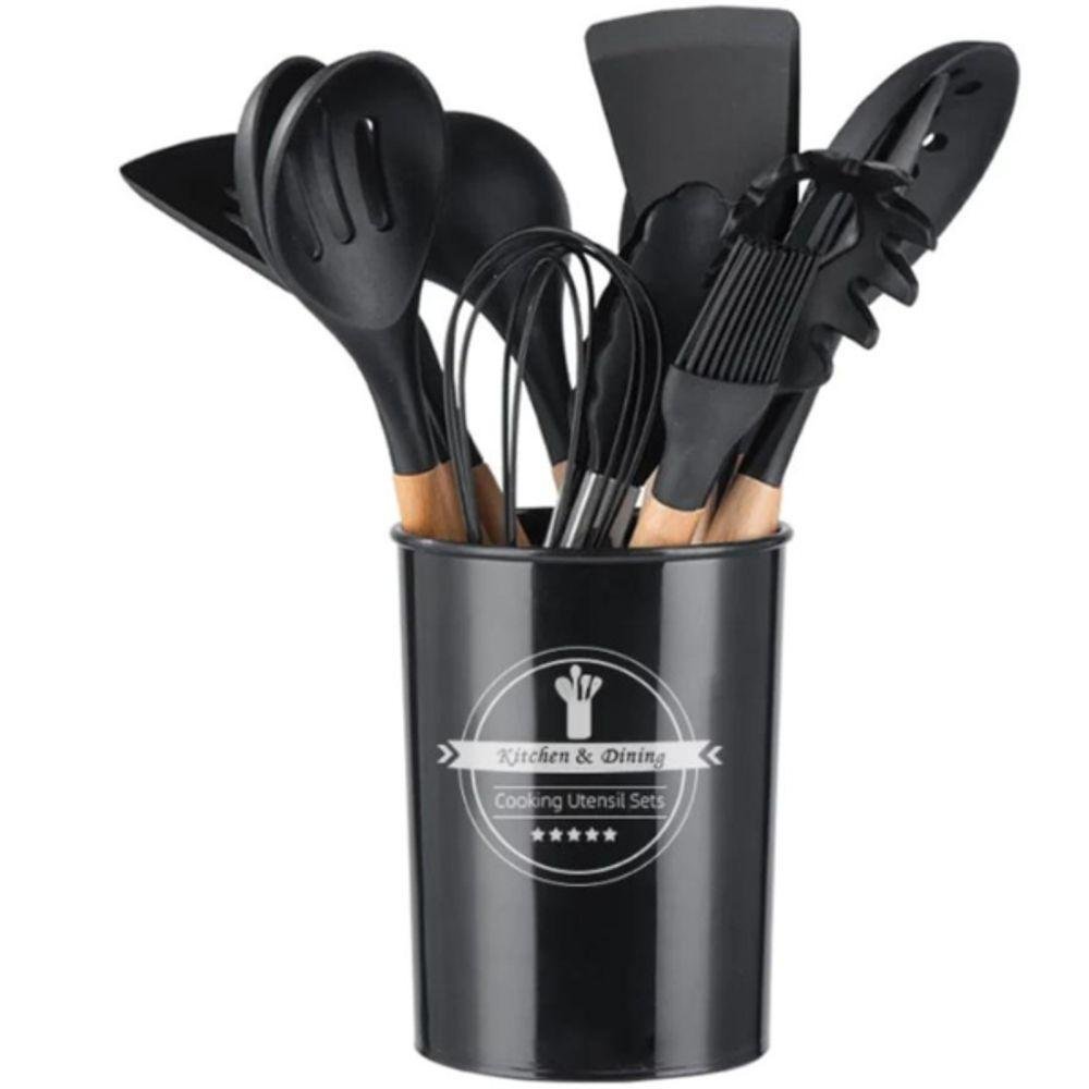 Kit Utensílios Cozinha 12 Peças Silicone Antiaderente Cor Preto