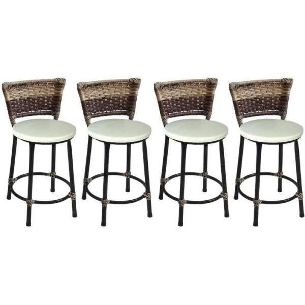 Kit 4 Banquetas Baixa Preta Junco Capuccino com Assento Branco Fortmix - 1